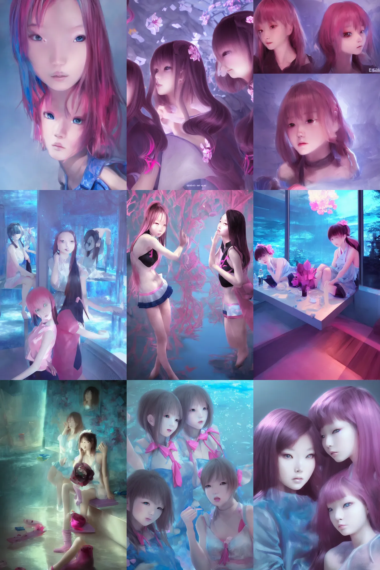 Image similar to 3d dark infrared octane render concept art by D. Jun, by Mo Xiang Tong Xiu, by Igarashi Daisuke, beauty portrait anime schoolgirls under dark pink and blue water. cute face. complex mirror room. dramatic light, trending on artstation.