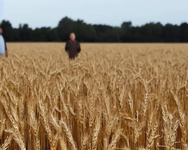 Image similar to a long shot of walter white and gustavo fring stand facing each other from a distance in a wheat field, side view, 3 5 mm photograph, 8 k resolution, wide shot, sharp lens