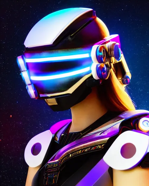 Image similar to centered medium shot fine studio photograph of a young woman wearing only a synthwave mecha Mayan helmet with bright lights, designed by Efrain Recinos, ultra-realistic, white background, 8k HDR, intricate