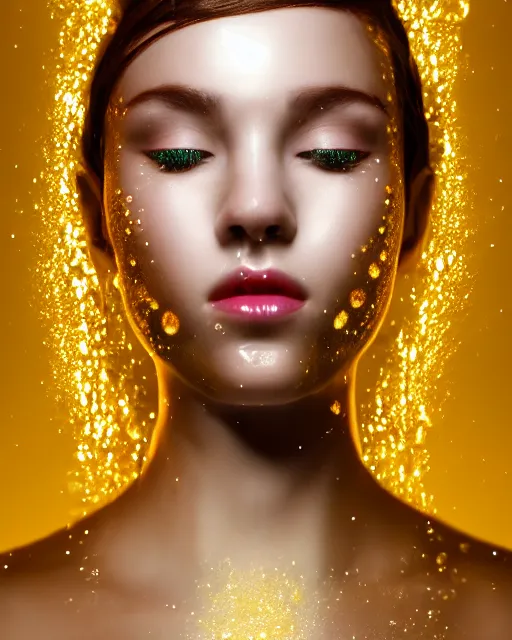 Image similar to pearl skinned dancer, golden droplets on her face, chessboard pattern clothes, full body picture, crystal eyes, perfect face, atmosphere, glowing, radiant, dancing in the mud, cinematic lighting, high quality, perfect, 8 k high detail, masterpiece, trending on artstation, by ken wong