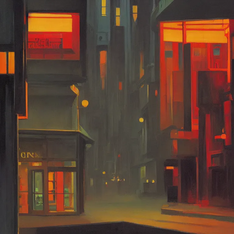 Image similar to dark city all stores cloded, except one, painted by Edward Hopper and James Gilleard, oil painting