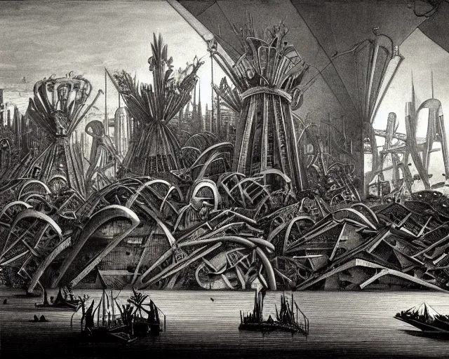 Prompt: Piranesi imagination mixed with the aesthetics of Yves Tanguy