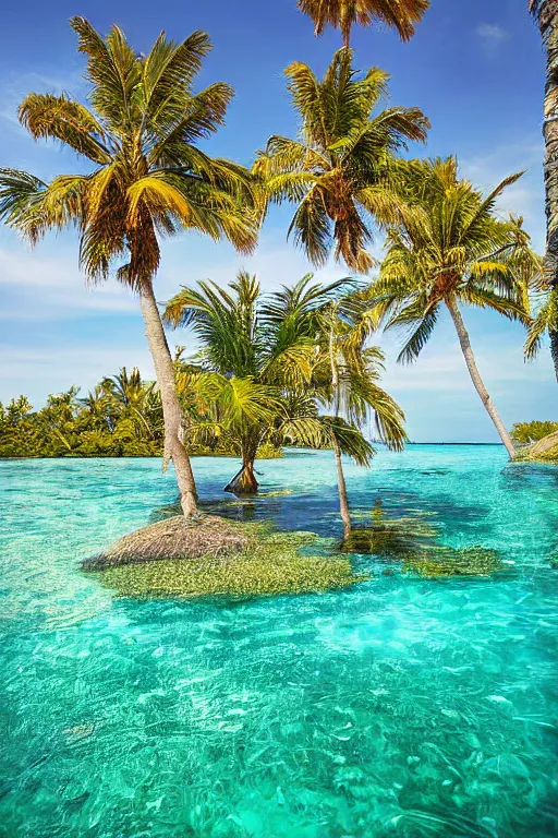 Image similar to palms lean over crystal clear water, photograph by scott westmoreland