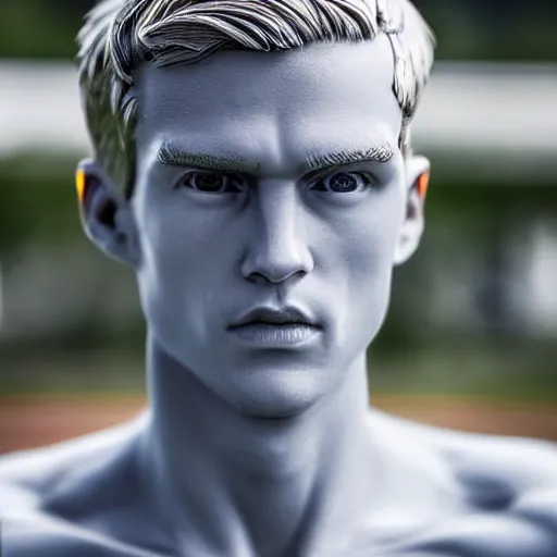 Image similar to a realistic detailed photo of a guy who is an attractive humanoid who is half robot and half humanoid, who is a male android, soccer player martin ødegaard, shiny skin, posing like a statue, blank stare, by the pool, on display, showing off his muscles, humanoid robot, frozen ice statue