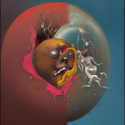 Image similar to a sphere being devoured by abstract splatters of paint in the style of francis bacon, venus being engulfed in flames in front of a female face in the style of james jean, surreal, beksinski, high detailed