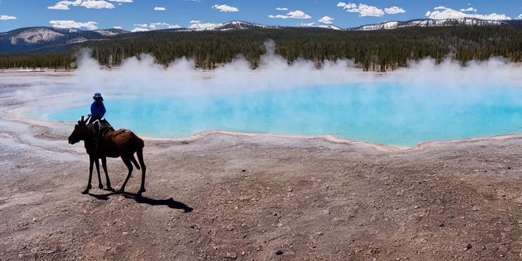 Image similar to hiker riding moose in yellowstone with prismatic spring in background