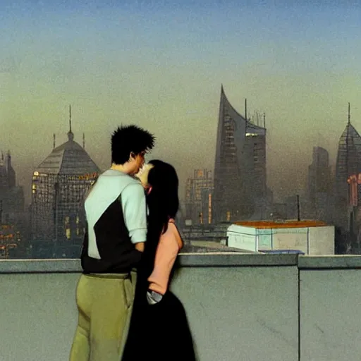 Prompt: a small rooftop with a couple of modern teenagers, standing and talking to each other, highly detailed, wearing black modern clothes, modern shanghai bund is on the background, dust, sunset, by gregory crewdson, carlos schwabe