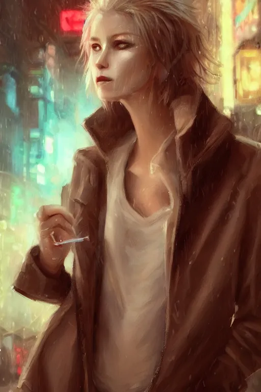 Image similar to beautiful portrait of a tall white female anthro fox smoking a cigarette while standing head and shoulders taller than the bustling crowd of a rainy city street, cyberpunk, harsh neon lights, highly detailed, sharp focus, digital painting, illustration, trending on artstation, art by sakimichan, wlop, greg rutkowski