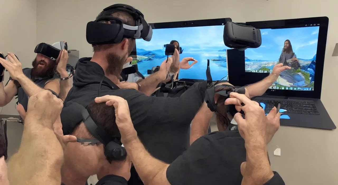 Image similar to Jesus Christ teaching his disciples how to install Windows 11 using VR. Photo realistic.