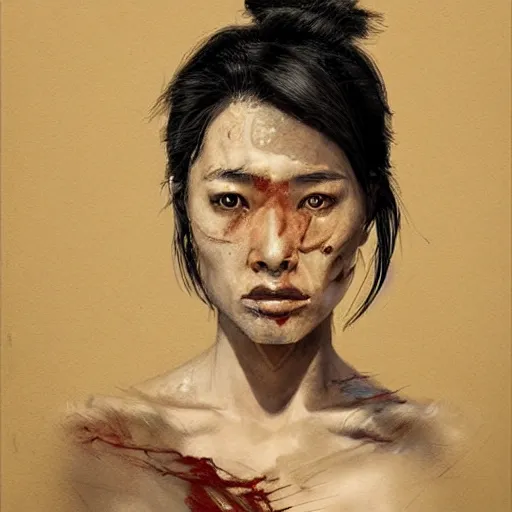 Prompt: a portrait painting by cedric peyravernay of a harded asian female spy, with scars and a dirty face, smoking a cigarette as she stares menacingly
