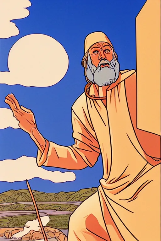 Image similar to moses againts god, realistic, art by tafy laplanche, colored by hiroshi nagai