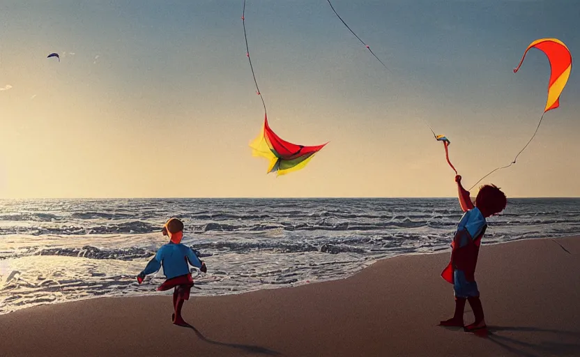 Image similar to child flying a kite at the beach by atey ghailan and garmash, michael, cinematic, volumetric lighting, sunset