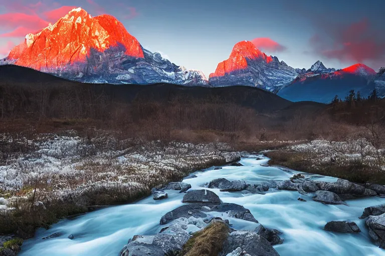 Prompt: an epic landscape scene of the three sisters mountains in canada, with snow on its peak, at sunrise in springtime, with a small river in the foreground, drawn by hiroshi yoshida, atmospheric, volumetric lighting, rolling fog, breathtaking, highly detailed