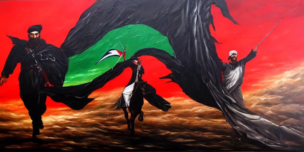 Image similar to dramatic epic dark oil painting of freedom for palestine, red green white black