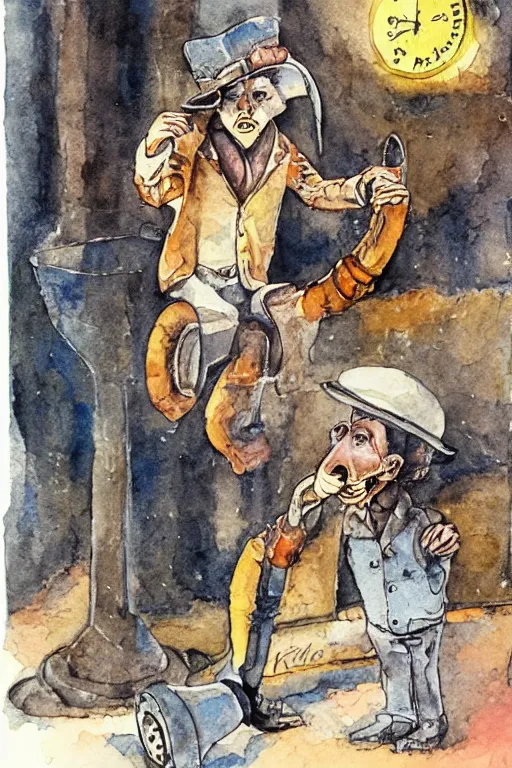 Prompt: a clockwork orange as mongooses, children's book, melancholy, watercolor, illustrated