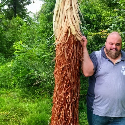 Prompt: a photo of a very hairy fat man with long hair holding a 2 0 m long yam