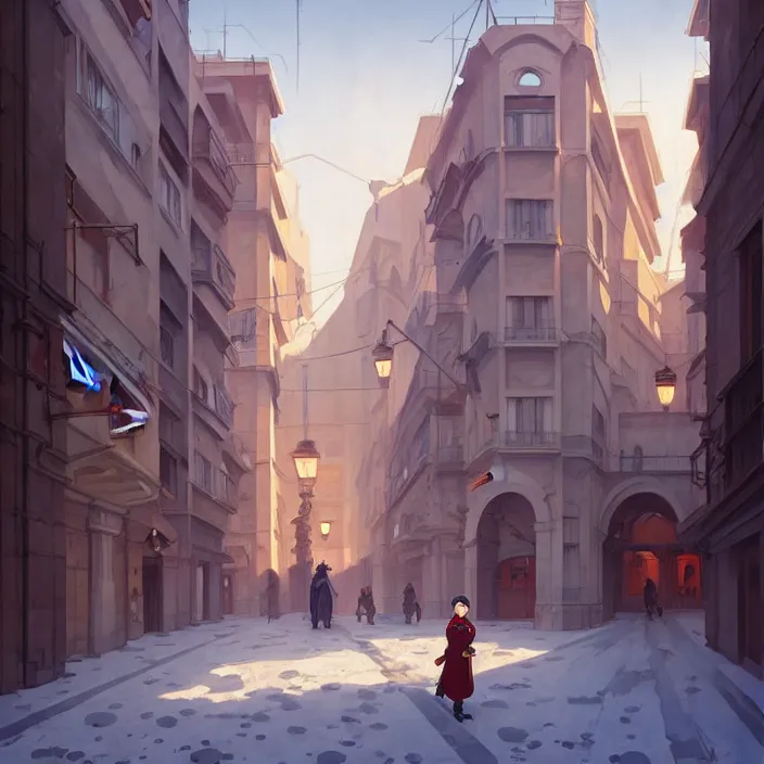 Image similar to empty italian big city, winter, in the style of studio ghibli, j. c. leyendecker, greg rutkowski, artem