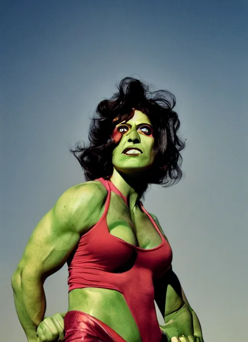 Image similar to a color photo portrait of she hulk in la wearing 6 0's fashion by tim walker, dramatic lighting, 7 5 mm lens, sharp focus.