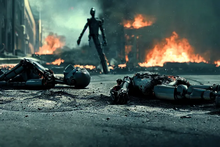 Image similar to vfx film closeup, dead robot couple on the ground holding hands, city street tire tracks fire. flat color profile low - key lighting award winning photography arri alexa cinematography, hyper real photorealistic cinematic atmospheric cool colorgrade