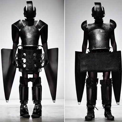 Image similar to Battle armor designed by Rick Owens, fashion photography