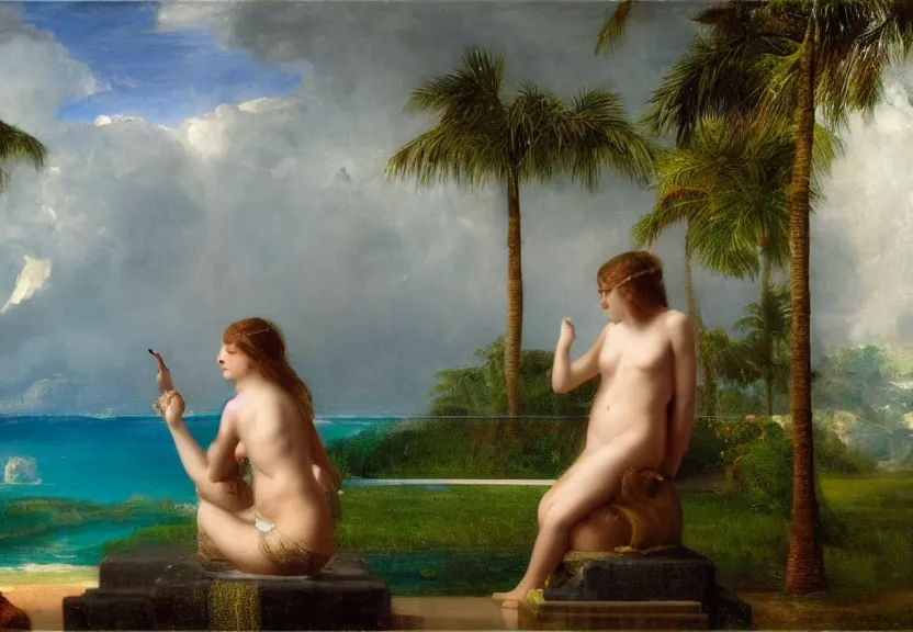 Image similar to Girl at the palace, refracted sparkles, thunderstorm, greek pool, beach and Tropical vegetation on the background major arcana sky, by paul delaroche, hyperrealistic 4k uhd, award-winning, very very very detailed