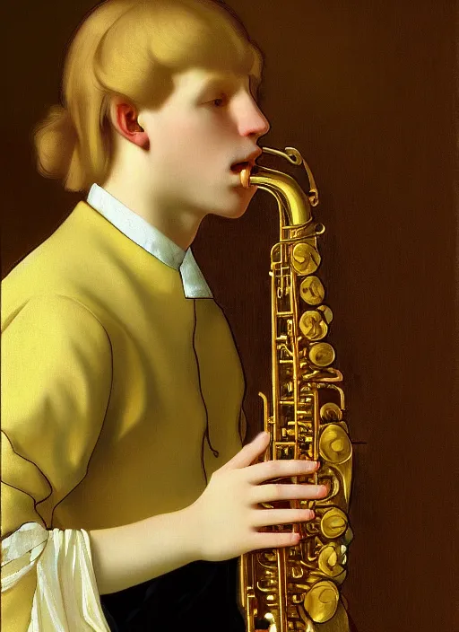 Prompt: Beautiful half body portrait of a young blond man playing sax wide view, intricate, elegant, digital painting, ilustratiom, artwork by Vermeer and alphonse mucha, serene funky fractal soft background