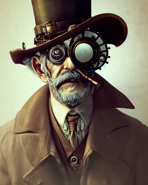 Image similar to steampunk old man portrait, handsome, steampunk hat, detective coat, steampunk monocle, smoking pipe, hyper realistic 3 d render by ilya kuvshinov, peter mohrbacher, greg rutkowski, ryohei hase, dramatic lighting, intricate, highly detailed, sharp focus, luminous, unreal engine, blender, deviant art, masterpiece, ray tracing