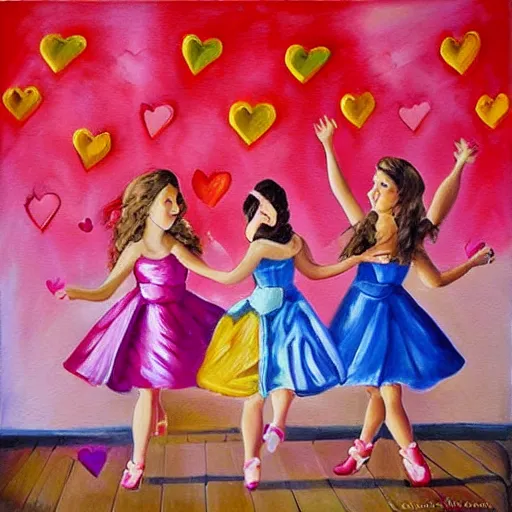 Image similar to art decor image of girls having fun at a party realistic painting with hearts in the air