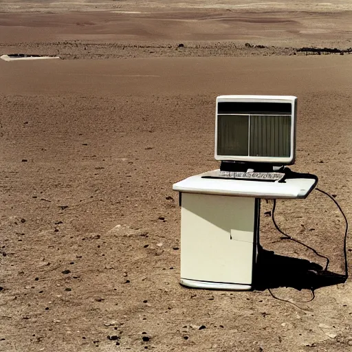 Prompt: a computer from the 1980’s in the middle of a desolate desert