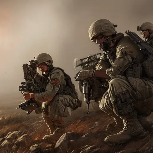 Prompt: Special Forces soldiers in grey uniforms taking cover from artillery in 2018, dynamic composition, cinematic lighting, warm and vibrant colors, art by Sam Weber and Michael C Hayes, 8k, trending on artstation, hyper detailed, cinematic