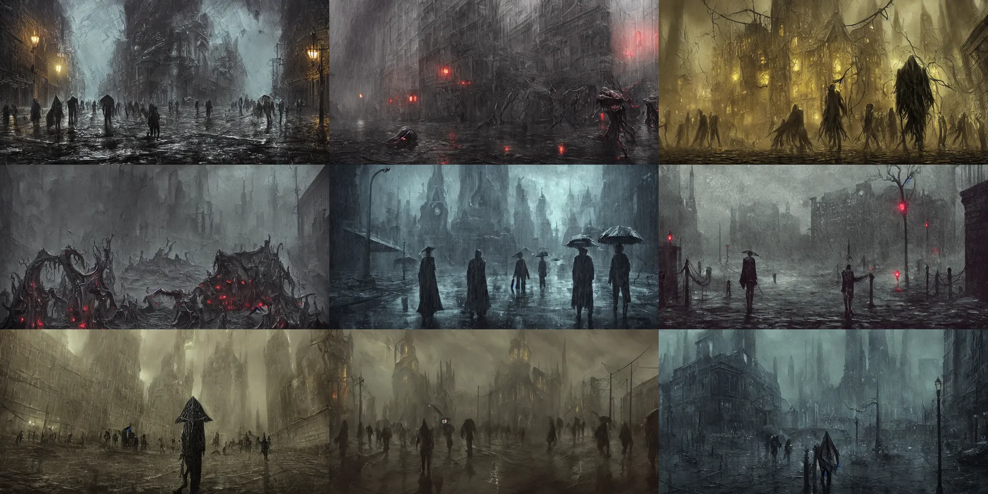 Prompt: rainy eldritch squamous sinister sepulchral macabre unholy profane city of walking eldritch horrors, 8K, trending on artstation, golden ratio, rule of thirds, low key, ray tracing, establishing shot, extremely high detail, concept art, award winning, depht of field