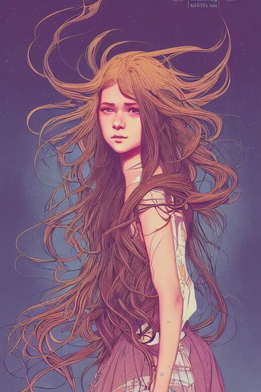 Image similar to concept art design illustration, teen girl walking away alone street flowing hair, sad, fantasy book cover illustration!!, 1 6 colors, logo, ink drawing, 8 k, hyperrealistic, hyperdetailed art by jc leyendecker and sachin teng