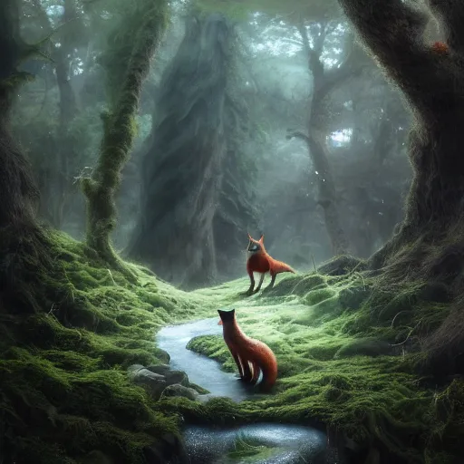 Prompt: tom bagshaw, soft painting render curiosities pond vegetation rocks covered moss scintillating, beautiful running fox, accurate features, focus, very intricate ultrafine details, random volumetric lighting, dense fog, award winning masterpiece, octane render 8 k hd, artstation