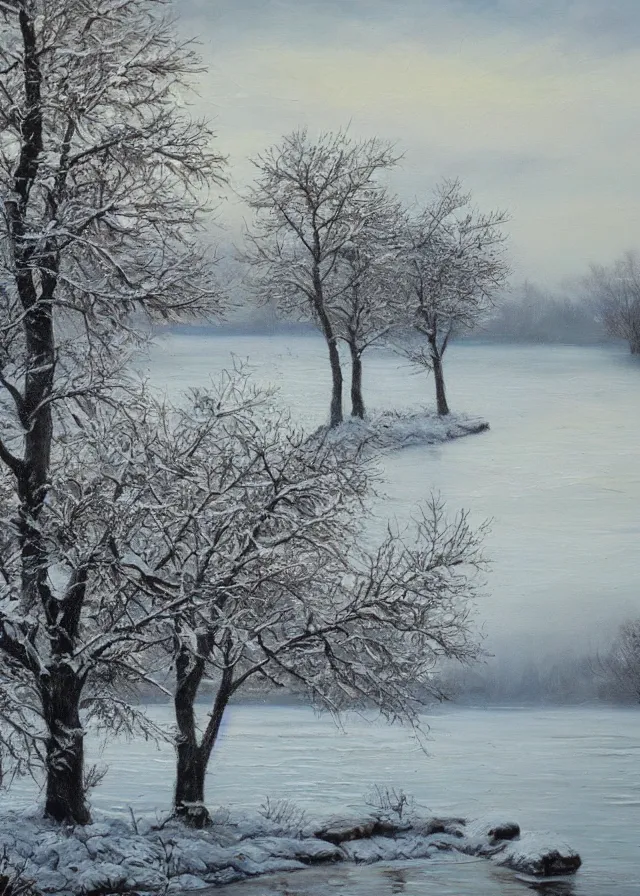 Prompt: apple trees on the shore of a large lake in winter, extremely detailed oil painting, unreal 5 render, digital art, landscape painting, octane render, beautiful composition, trending on artstation, award winning photograph, masterpiece