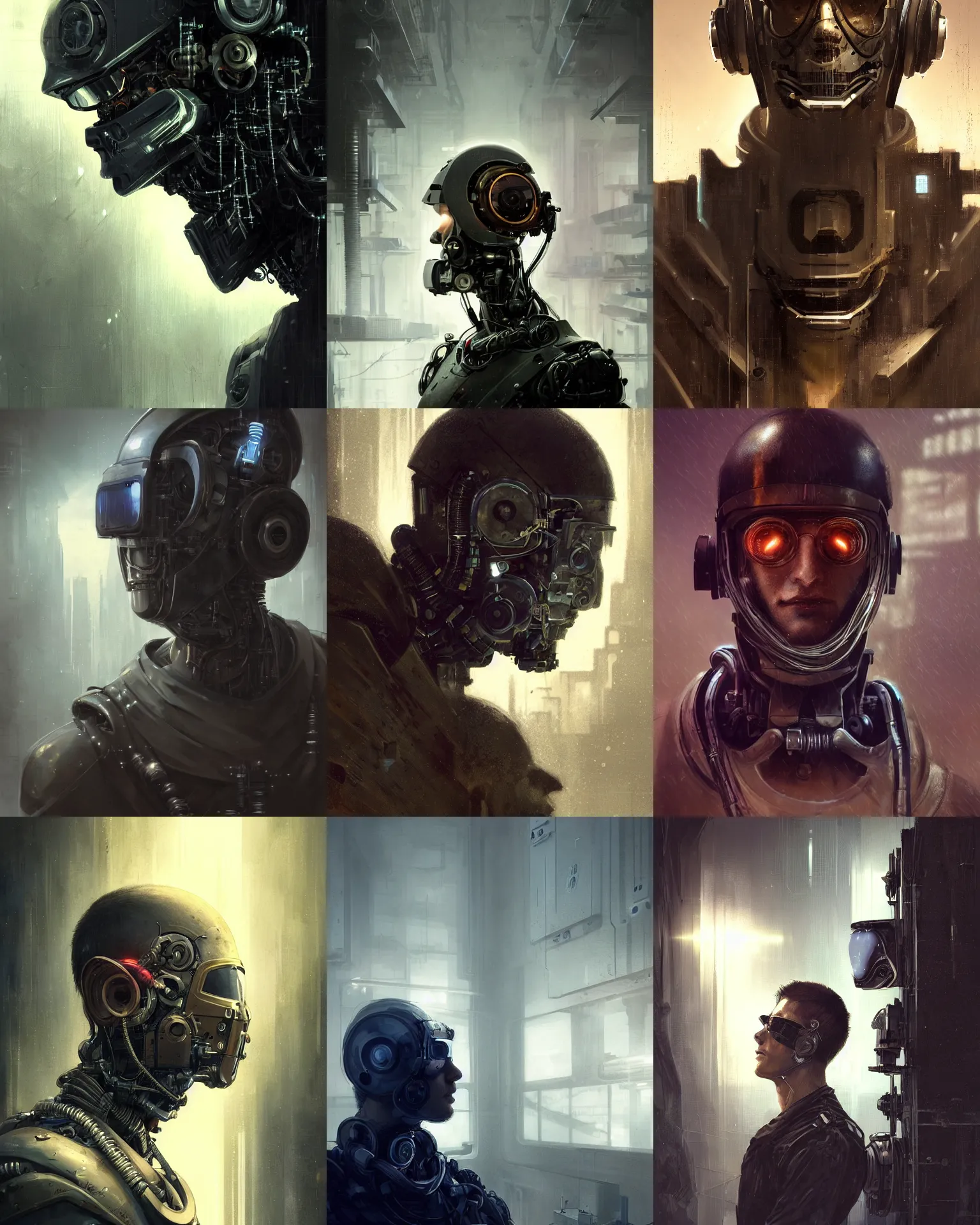 Prompt: a half - masked observant young laboratory engineer man with cybernetic enhancements as seen from a distance, scifi character portrait by greg rutkowski, esuthio, craig mullins, 1 / 4 headshot, cinematic lighting, dystopian scifi gear, gloomy, profile picture, mechanical, half robot, implants, steampunk