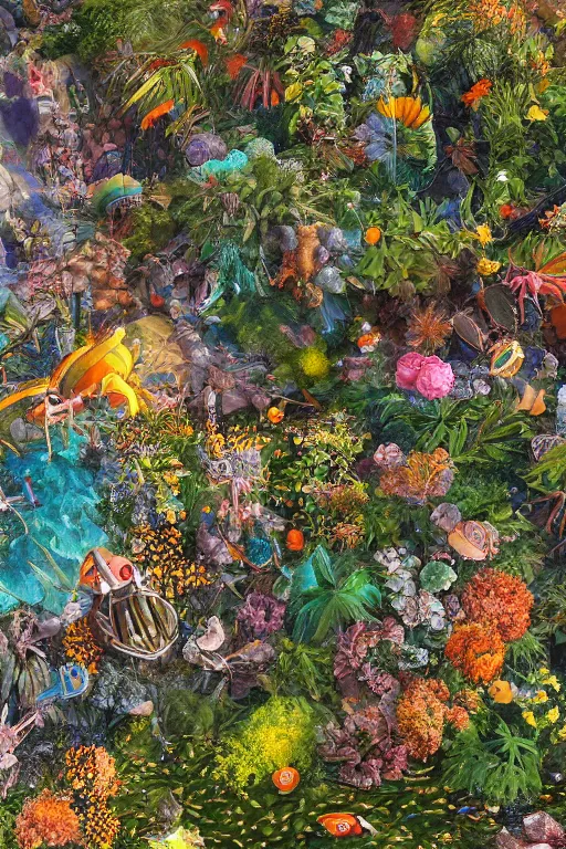 Image similar to super detailed color art, a lot of small garden flowers, A multiverse of insects and spiders, unreal engine, wes anderson color palette, 3d render, colorful, digital art