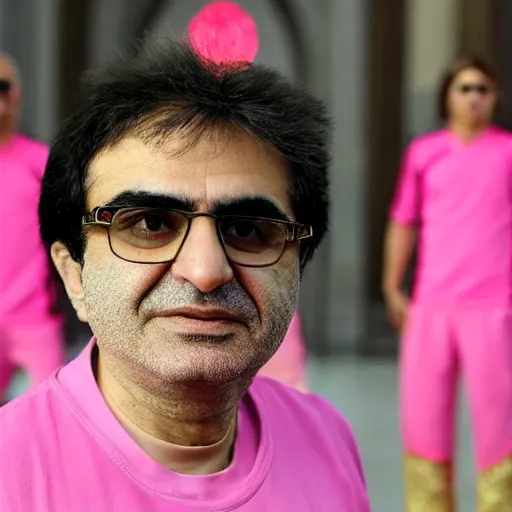 Prompt: jafar panahi, clean shaven, wearing an umbro pink tracksuit and gold necklace with large star shaped intricate gold medallion