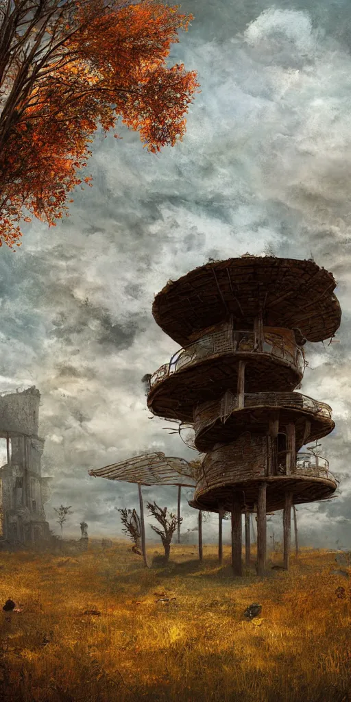 Image similar to tree house on a rusty broken building constructions of a giant upside - down spiral edgy staircase, leading to the sky, the ruins, in the steppe, autumn field, misty background, from the game pathologic 2, highly detailed, sharp focus, matte painting, by isaac levitan and asher brown durand,