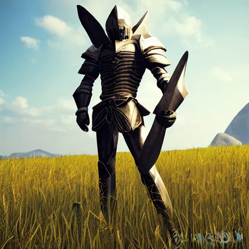 Prompt: a paladin posing in a field, 3 dcg, ps 1, morrowind, mmorpg, portrait, fashion photography, by mario testino, davide sorrenti, jemal shabazz