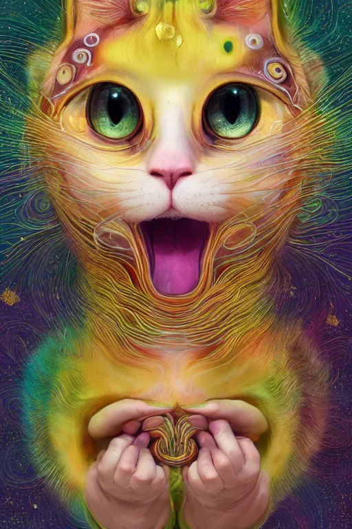 Prompt: Recursive image with a well rounded Calico feline, large eyes, shiny soft fur, anatomically correct, surrounded by swirling wisps of jelly, oil pastels and gold, anime, cartoon, in the style of Victo Ngai, modeled in Poser, Redshift render, UHD