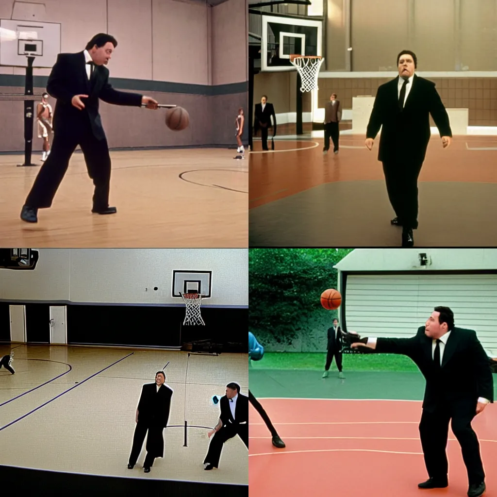 Prompt: clean-shaven Jon Favreau as Happy Hogan wearing a black suit and black necktie shooting hoops on a basketball court in Chicago cinematic 35mm film still from 2009