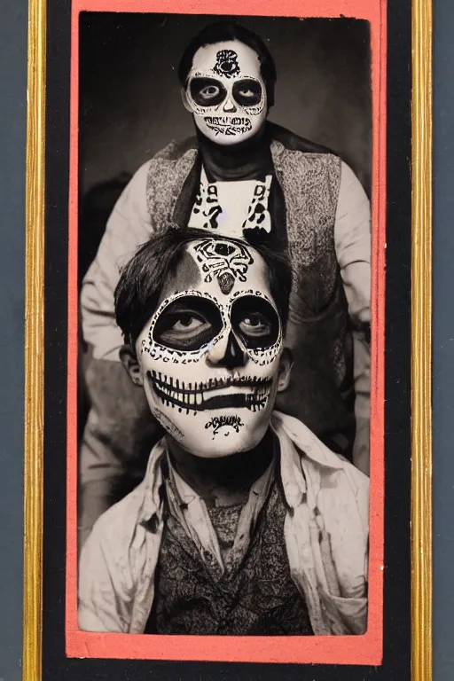 Prompt: vintage 35mm photo portrait of a man wearing a traditional day of the dead masks in the style of Jason Edmiston