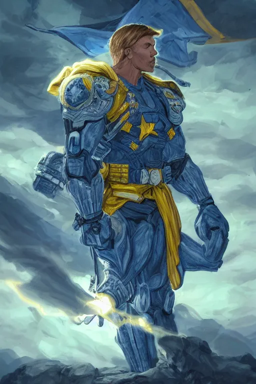 Image similar to an accurate picture of a super soldier with a Ukrainian blue and yellow stripes flag standing in the beam of light from the clouds on a pile of skulls as a winner, masculine figure, D&D, fantasy, intricate, elegant, highly detailed, extremely detailed, digital painting, artstation, concept art, matte, sharp focus, symmetrical, illustration, art by Artgerm and Greg Rutkowski and Alphonse Mucha