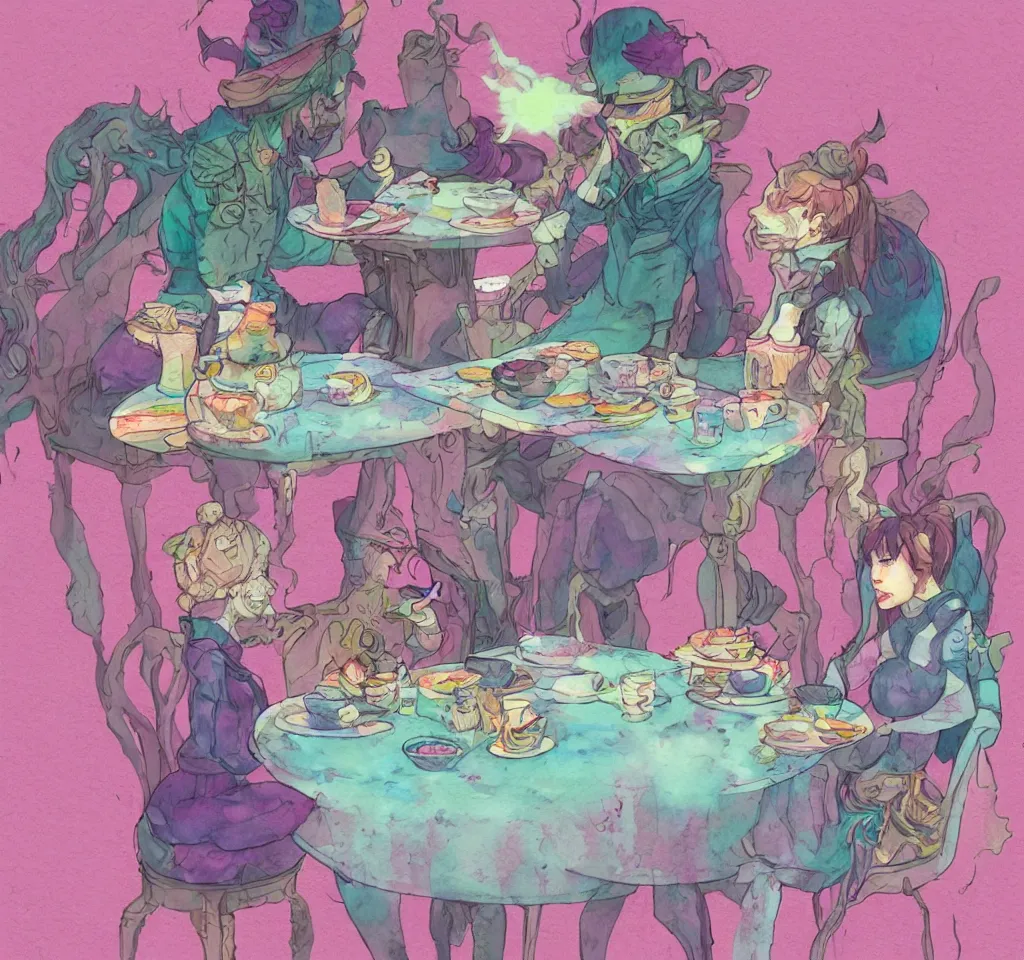 Image similar to soldier of chaos, mischief and beauty having tea alone at a table in a pastel fantasy land, surreal, glitched watercolor, chromatic abberation, trending on artstation, in the style of james jean feint, inspired by art nouveau