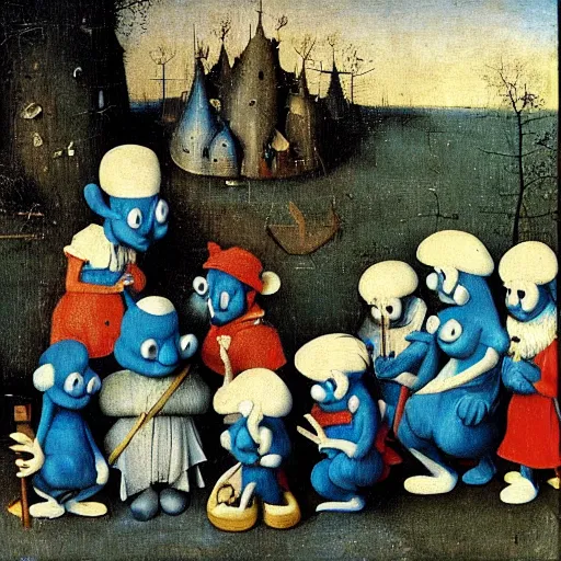 Prompt: The Smurfs by Hieronymus Bosch