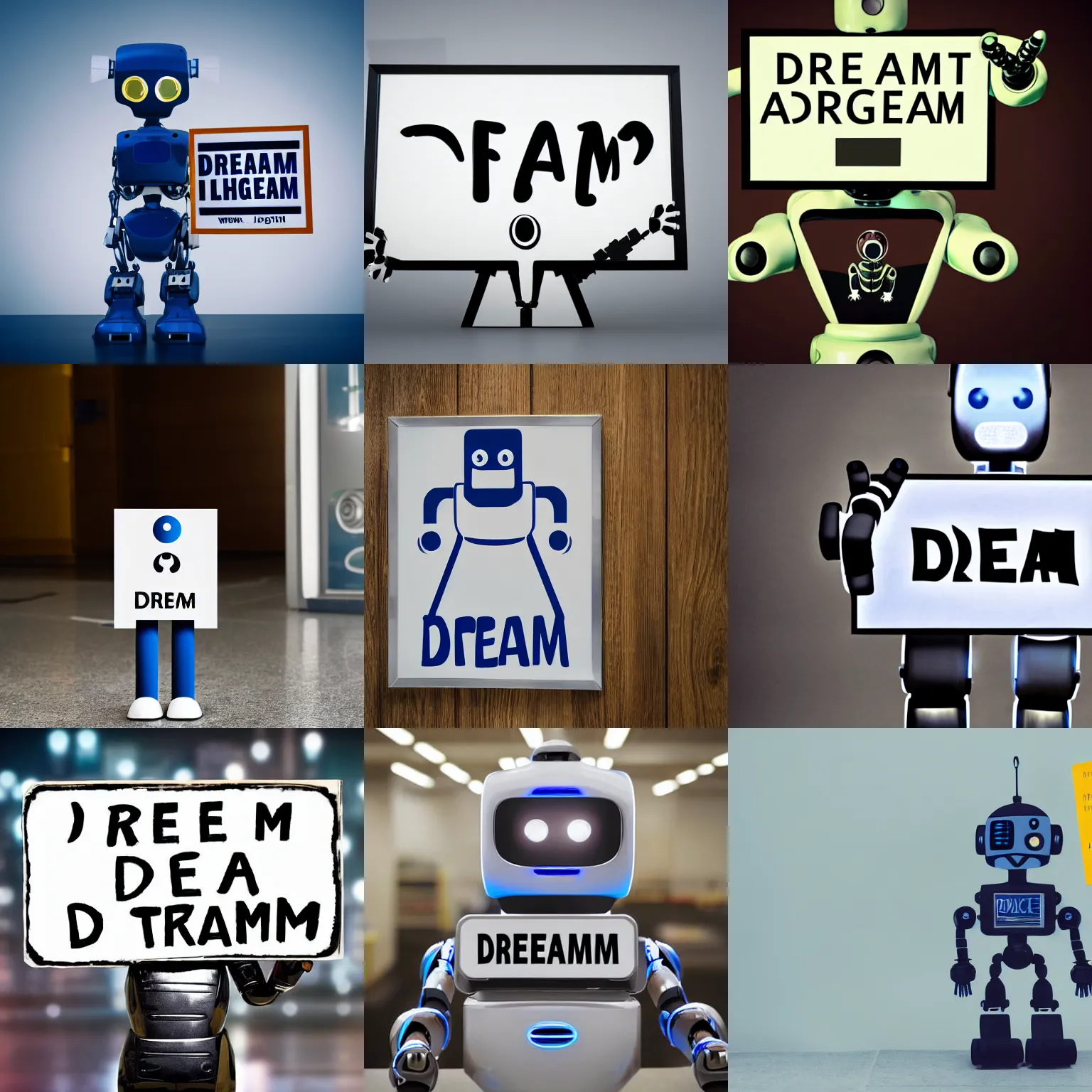 Image similar to artificial intelligence robot holding a sign with text that reads : dream