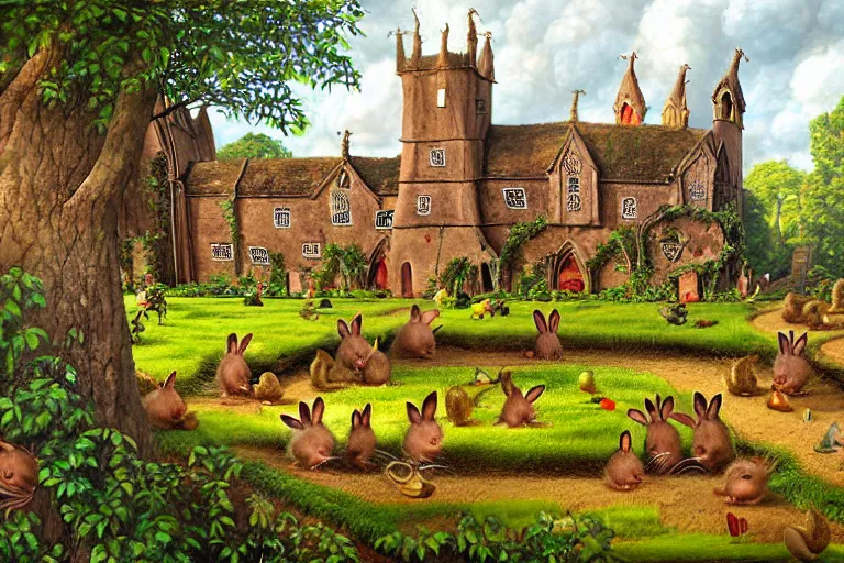 Image similar to an elaborate and dense painting of redwall abbey in mossflower wood with lots of mice and rabbits and otters walking around, detailed by brian jacques and greg rutowski