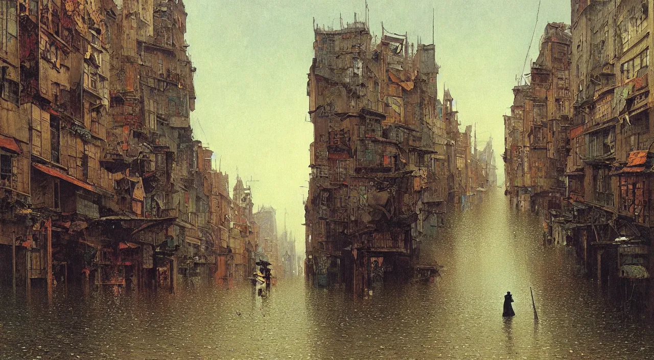 Prompt: very coherent and colorful high contrast!! painting of a flooded empty!! town street by bruce pennington carl spitzweg rene magritte, full - length view, hard black shadows, vivid colors, symmetry, great composition, high detail, cinematic lighting, masterpiece