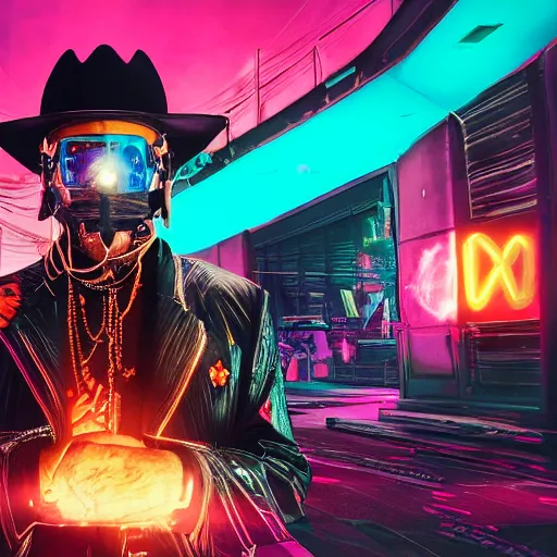 Image similar to photo, cyberpunk art album cover photo by filip hodas and ahmed karahisari and scarlett hooft graafland, a bankrobber wearing a black latex suit with a colorful tie-dye bandana over his face and a big white cowboy hat in a western landscape, shutterstock contest winner, trending on cgsociety, behance contest winner, afrofutirism, syntwave, vaporwave, dslr camera, retrowave, national geographic photo