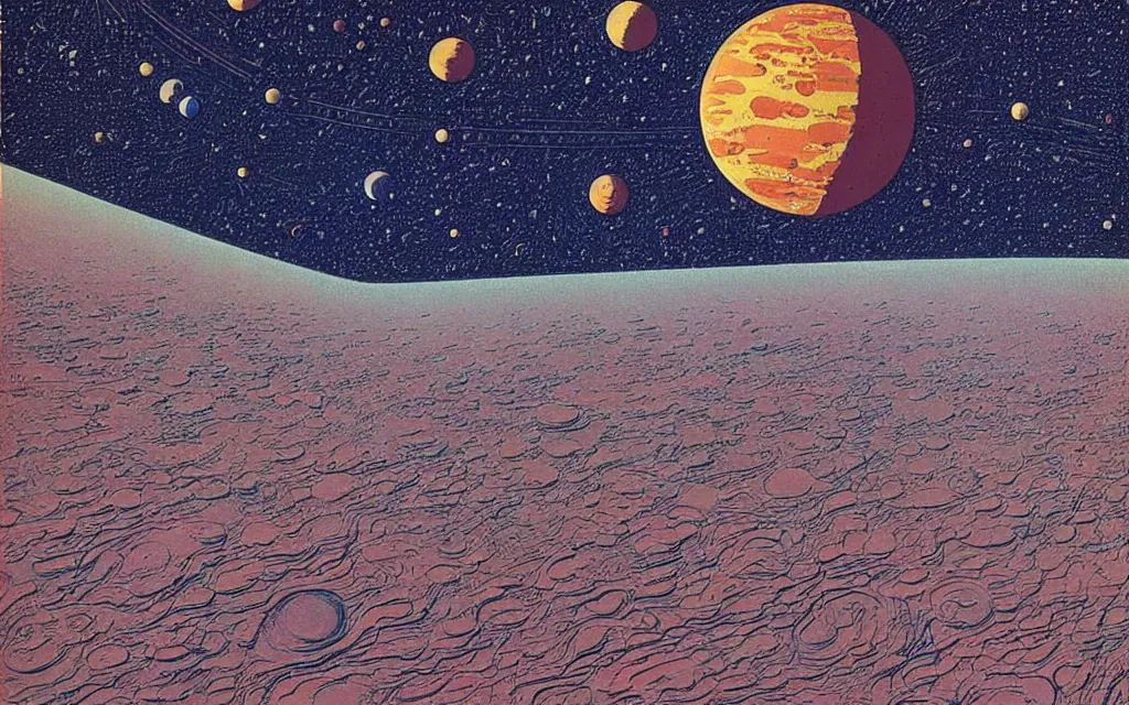 Image similar to planet earth seen from very very far away with the empty cosmic landscape on the background. Retro modern art by jean giraud.